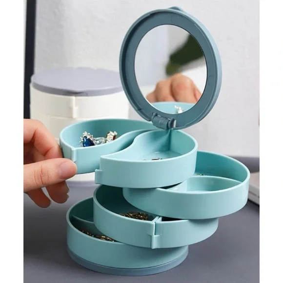 (NIB) Blue/Grey Round Four-Tiered Rotating Stacked Jewelry Organizer with Mirror - Picture 10 of 11